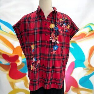Madewell Red Plaid Shirt Embroidered Floral Relaxed XS Cottagecore Retro Boho‎
